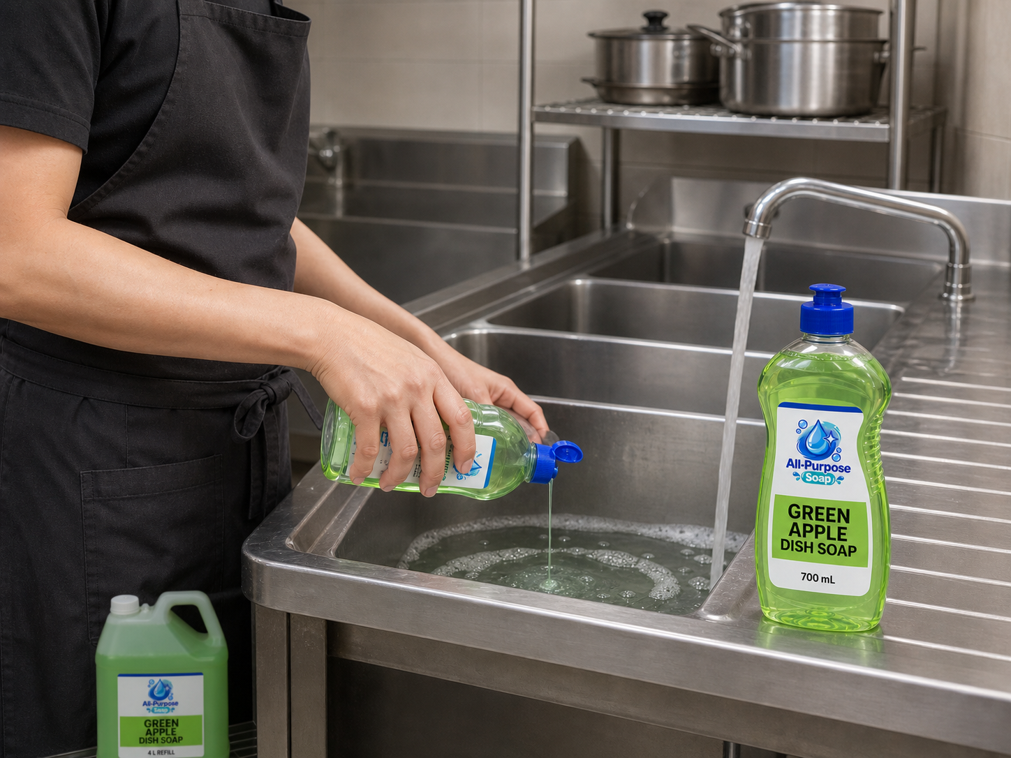 Green Apple Dish Soap at a commercial pot-wash sink