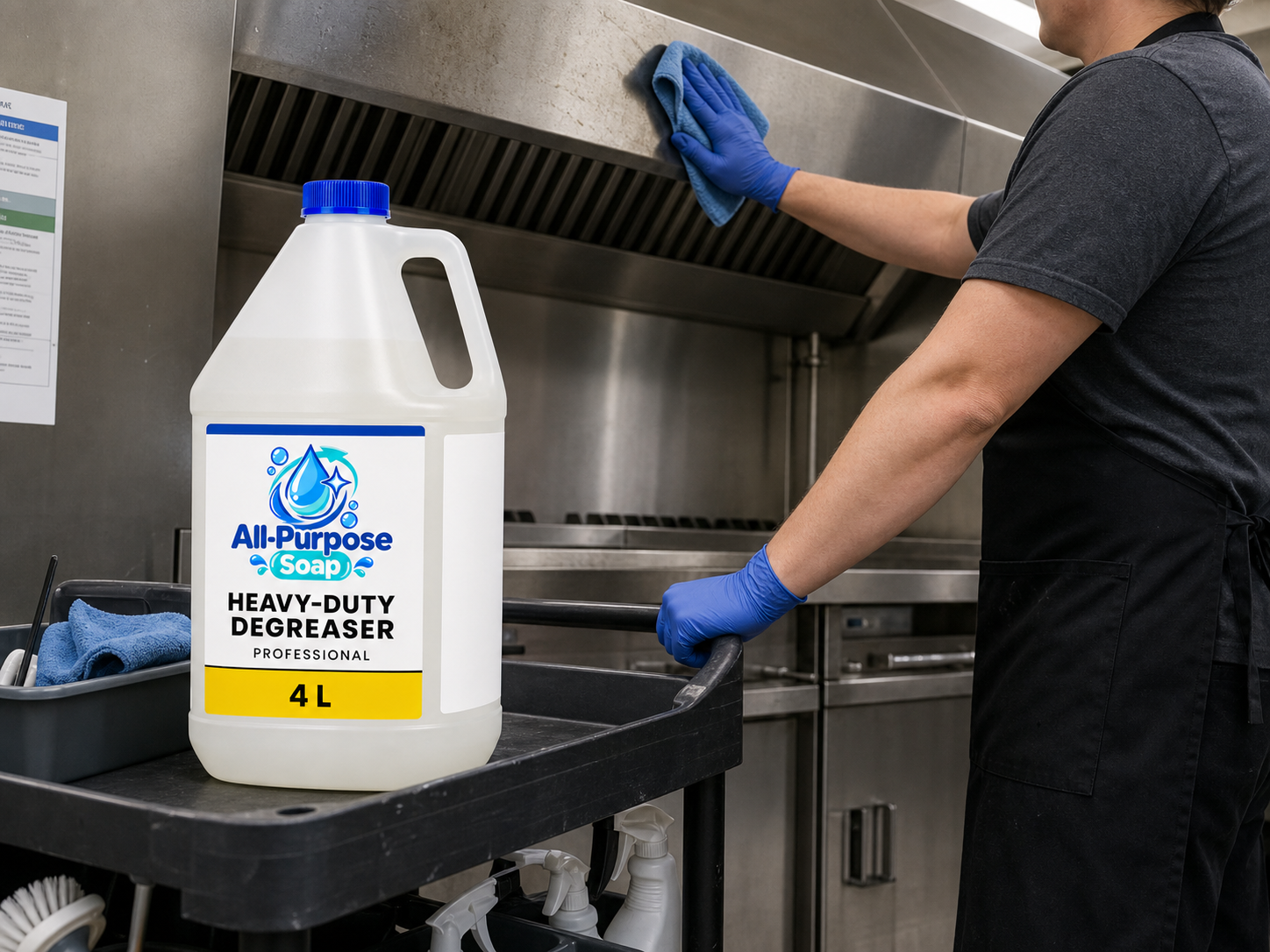Heavy-Duty Degreaser shown in a professional kitchen setting