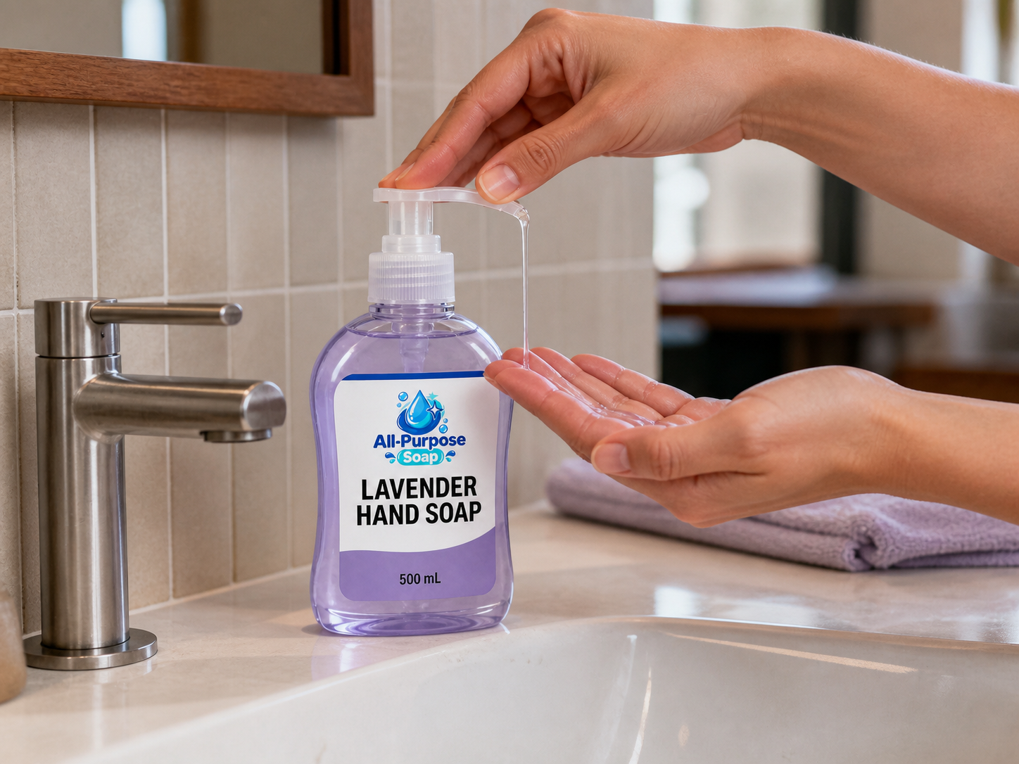 Lavender Hand Soap beside a sink while in use