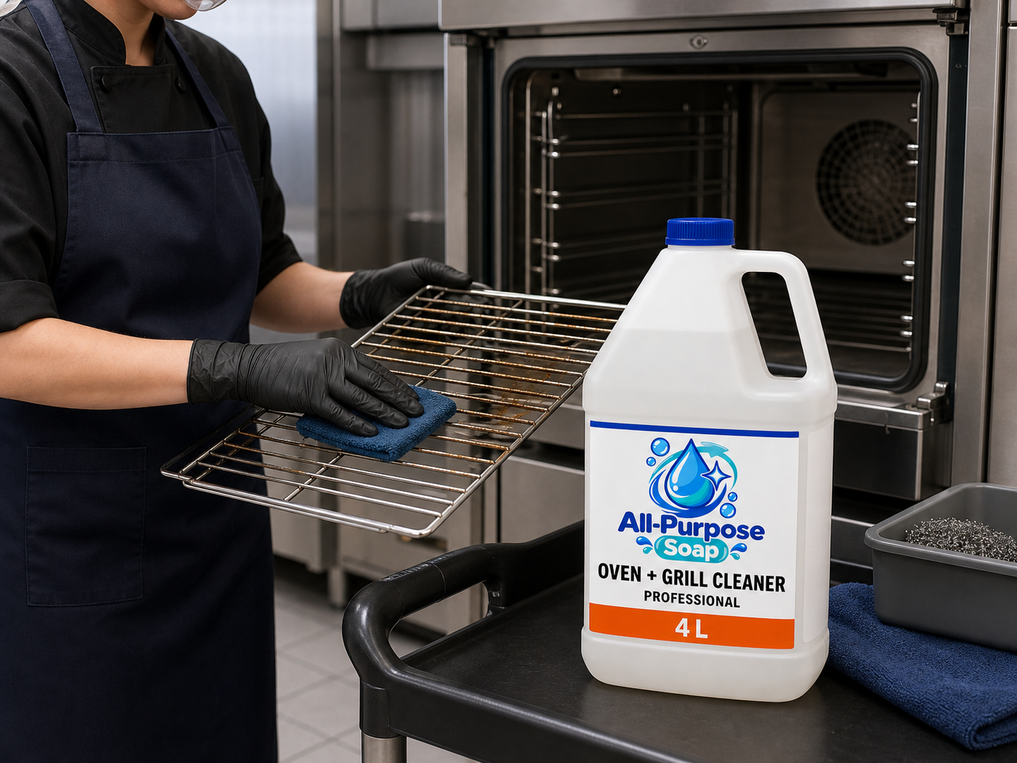 Oven + Grill Cleaner shown in a professional kitchen setting