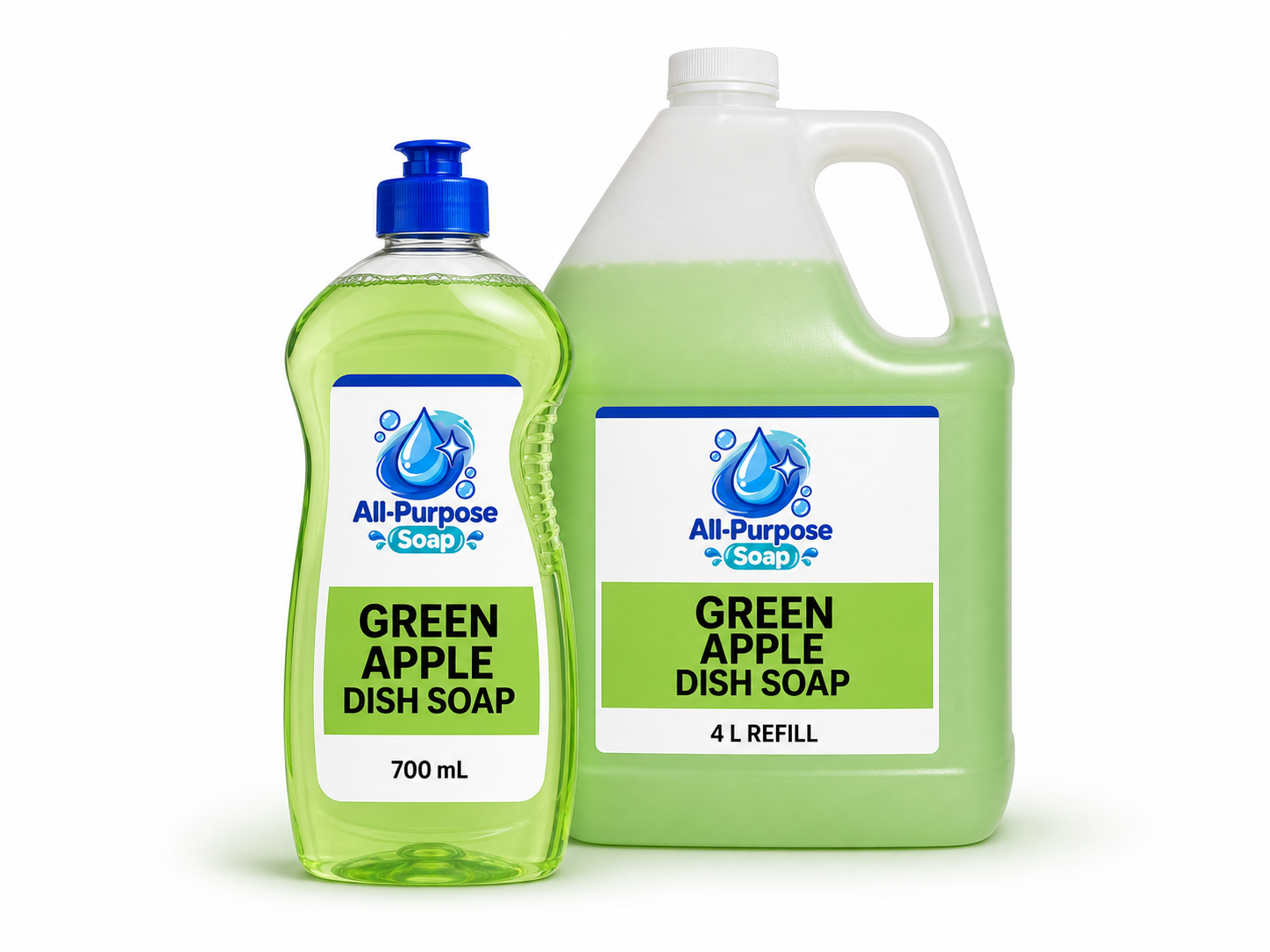 Green Apple Dish Soap consumer bottle and 4 litre refill packaging