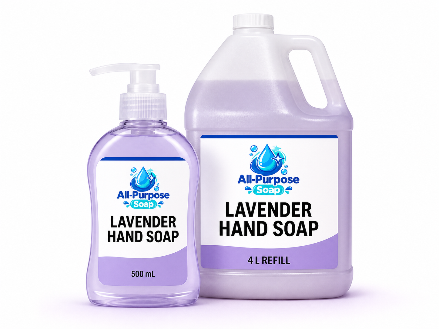 Lavender Hand Soap consumer bottle and 4 litre refill packaging